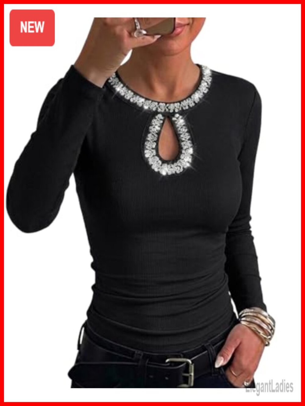 Ninimour Women Long Sleeve Keyhole Neck Ribbed Top Sequin Rhinestone Casual